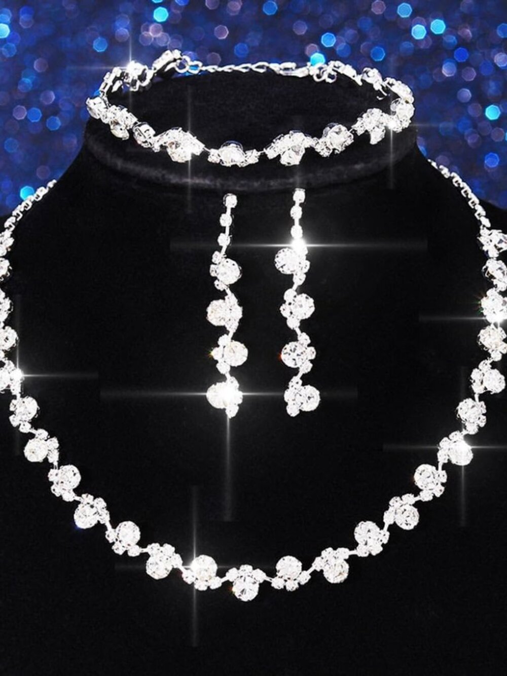 Bridal Wedding Jewelry Set Silver Rhinestones Choker Necklaces Earrings Bracelet - Picture 2 of 7